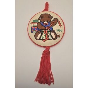 Vintage 1990 Handmade Embroidered Teddy Bear Christmas Ornament -804